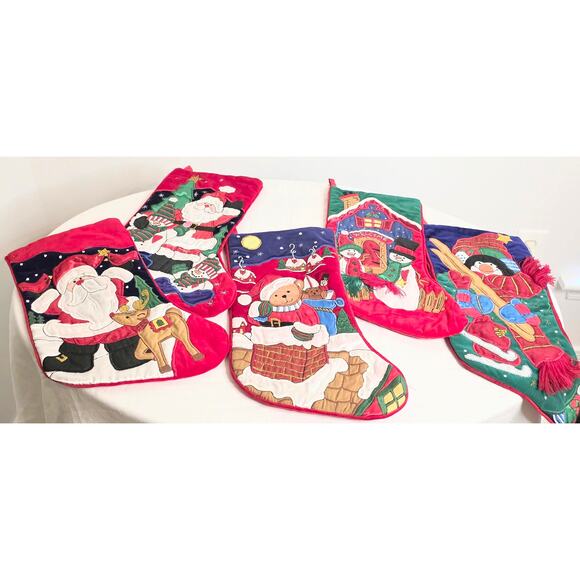 Set of 5 Quilted Christmas Stockings 16" Tall Blank Red Backs Top Loop Hangers - Picture 1 of 7